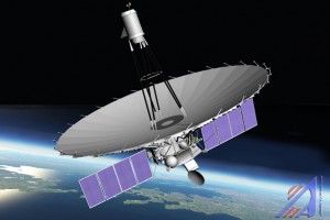 Künstlerische Darstellung von Spektr-R, dem 10-Meter-Satellitenradioteleskop des RadioAstron-Projekts. Der Satellit befindet sich auf einer Umlaufbahn um die Erde, die ihn bis fast 350000 km Entfernung, also 30fachen Erddurchmesser hinausträgt. Bild:  Lavochkin Association