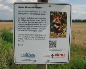 Neue Schilder im Hamstergebiet bitten die Hundehalter, ihre Vierbeiner angeleint zu lassen, um so die wilden Feldhamster zu schützen. Bild: Kreis Euskirchen