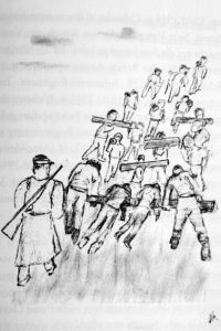 Eine „Russenkolonne“ mit zwei zu Tode erschöpften Arbeitern kehrt am Abend zurück ins Lager Emges-siefen. Zeichnung: Hubert Vitt