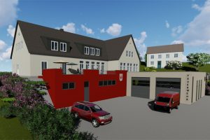 Die zukünftig neue Kombination von Dorfgemeinschaftshaus und Feuerwehrgerätehaus in Kronenburg. Bild: Architekturbüro Dimmer