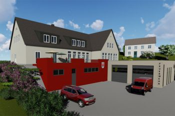 Die ehemalige Schule mit dem zukünftigen Feuerwehr-Anbau in einer Simulation. Bild: Architekt Dimmer