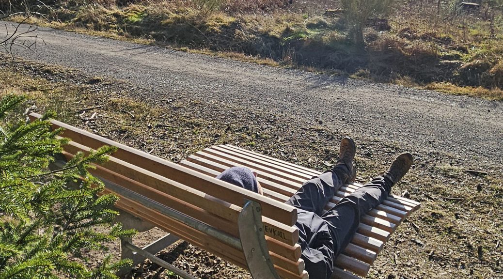 Auf der Eifelschleife „Kaller Sagen“ lädt eine von der Holzmanufaktur NE.W gefertigte Wellenbank auf der Kindshardt zum Verweilen ein, und vielleicht begegnen einem hier im Halbschlaf auch die sagenhaften drei Juffern. Bild: Michael Thalken/Eifeler Presse Agentur/epa