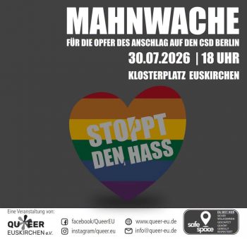Mit der Mahnwache soll ein Zeichen für Menschenwürde, Solidarität und ein respektvolles Miteinander gesetzt werden. Bild: Queer Euskirchen